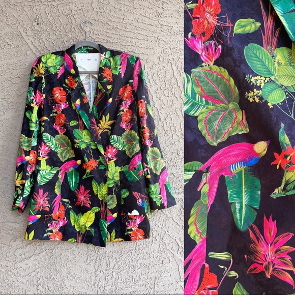 SOLD 💛 MANGO Tropical Parrot Butterfly Floral Oversized Satin Blazer XS - Picture 3 of 15